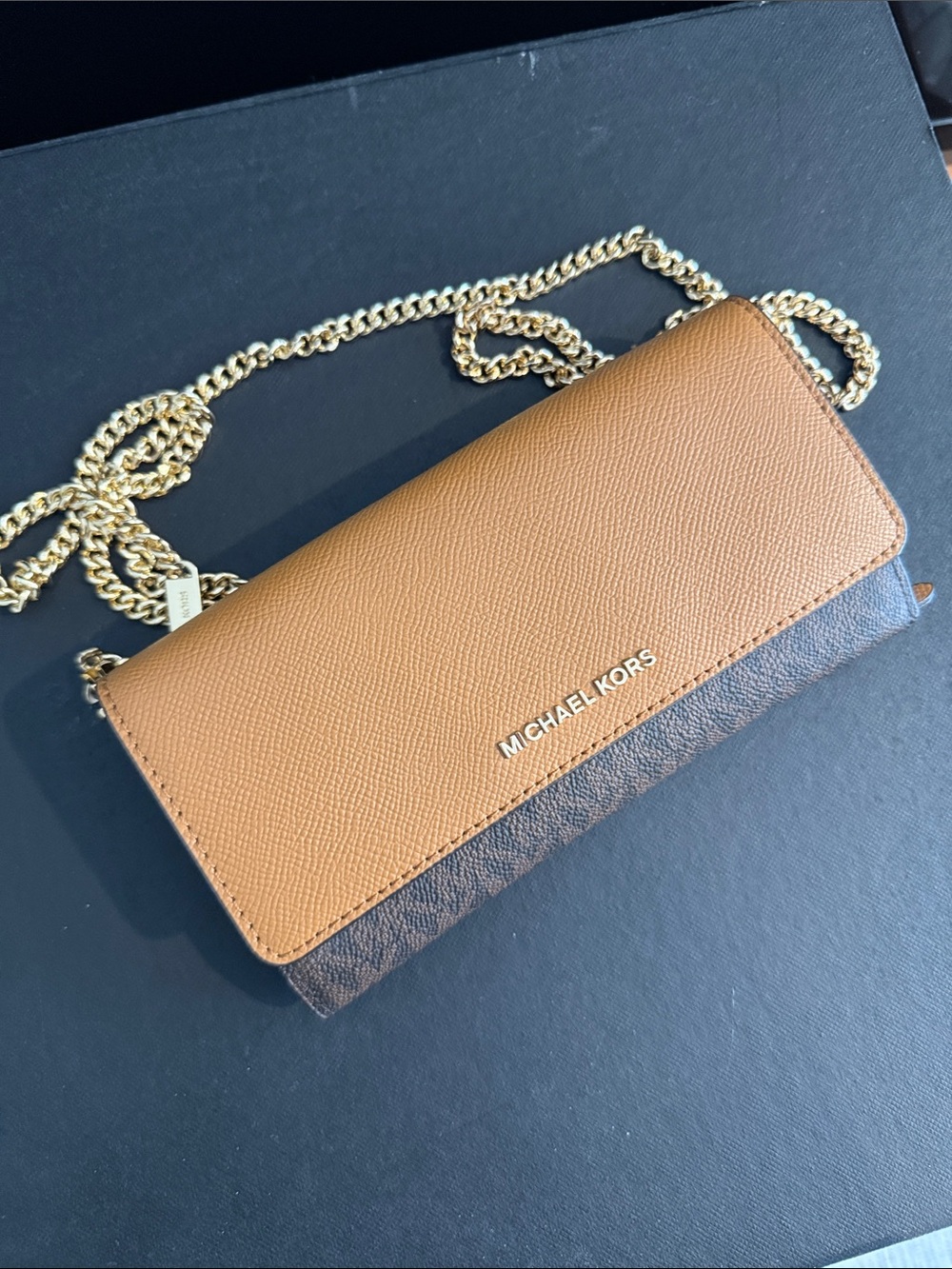 Michael Kors Tan and Brown Wallet-On-Chain with Gold Chain